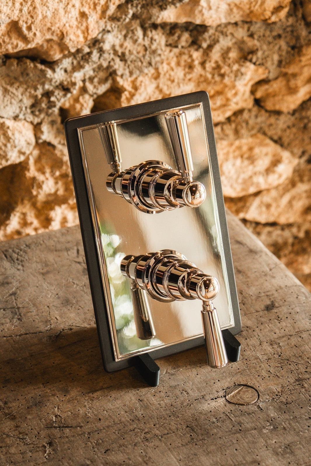 Studio Ore's new traditional dual shower thermostat with two-way diverter in polished nickel, from Chapter Four.