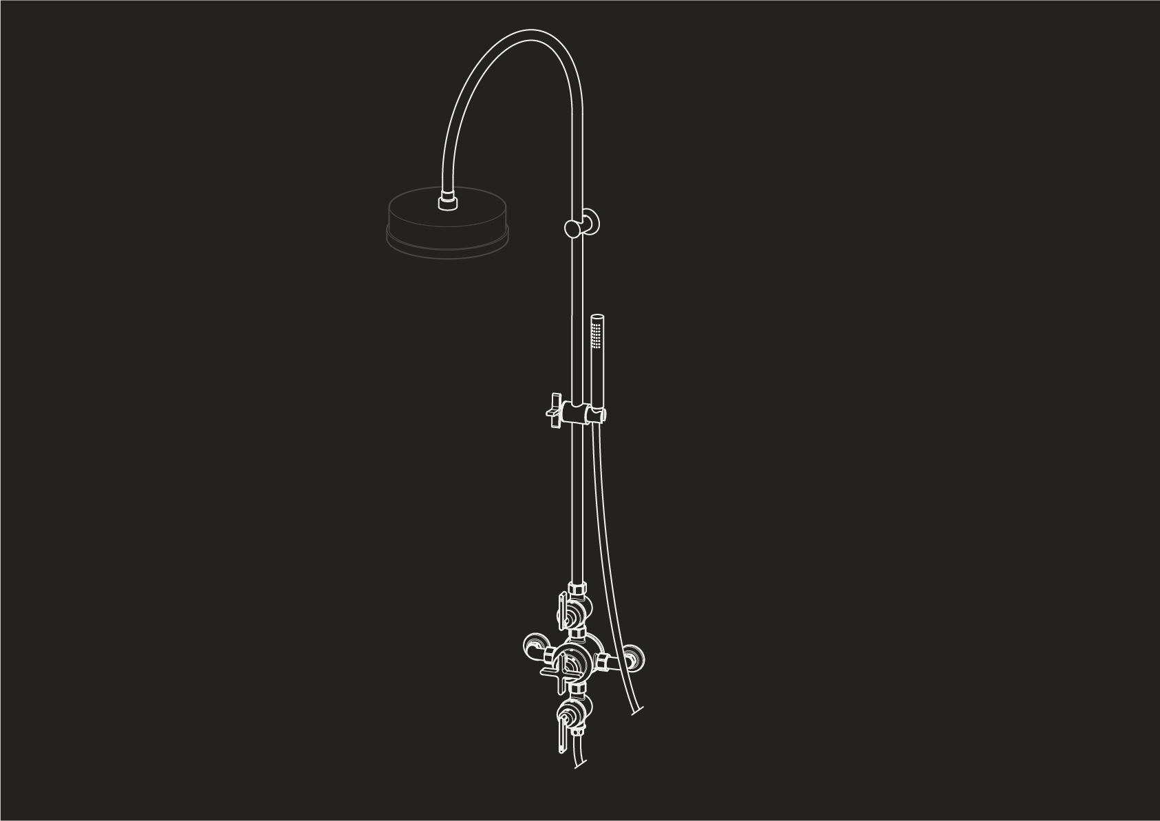 157 - Chapter One - Triple Exposed Shower Thermostat with Volume Controls, Hand Shower on Single Curve Riser