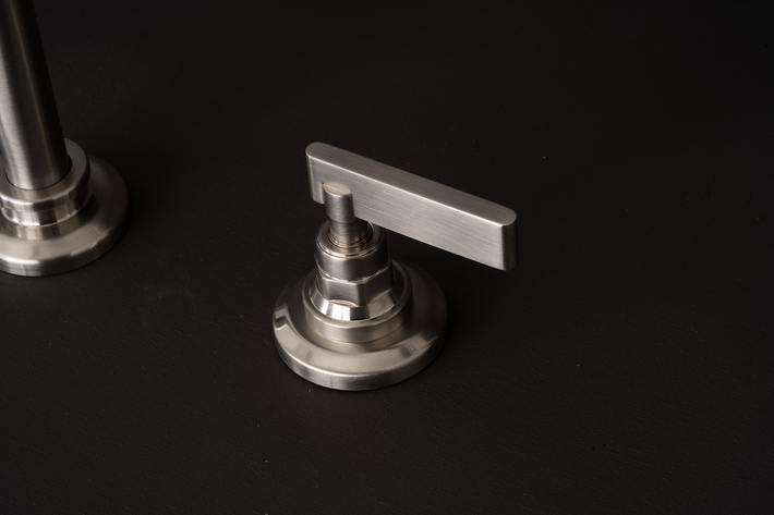 Studio Ore's deck mounted control from Chapter Two in brushed nickel. Up close, there's a very fine directional grain. It's precise. Consistent. 