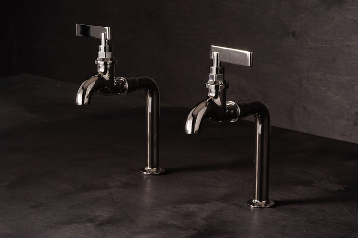 Studio Ore's deck mounted bib taps from Chapter Two in polished nickel.