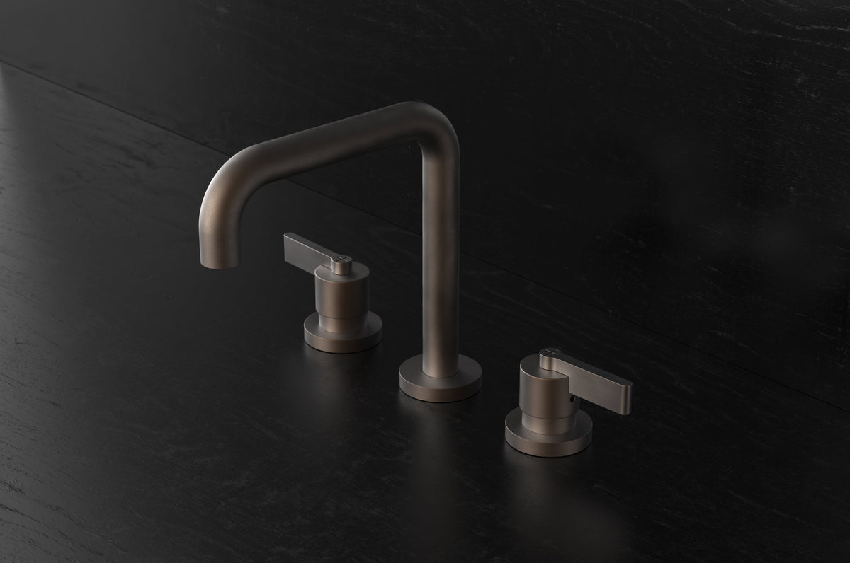 Studio Ore Chapter Three Three Hole Deck Mounted Basin Tap with Teardrop Lever handle in bronze