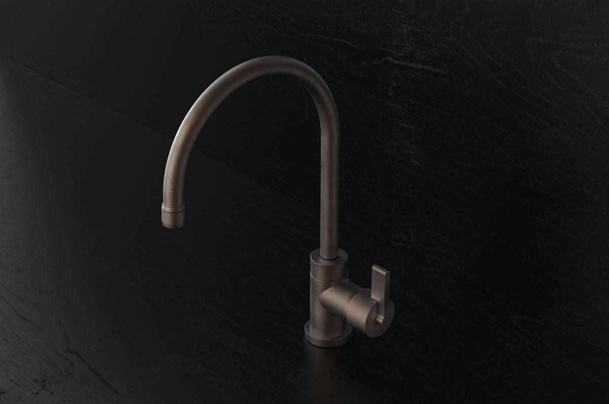 Studio Ore Chapter Three Deck Mounted Kitchen Mixer with Teardrop Lever handle in bronze