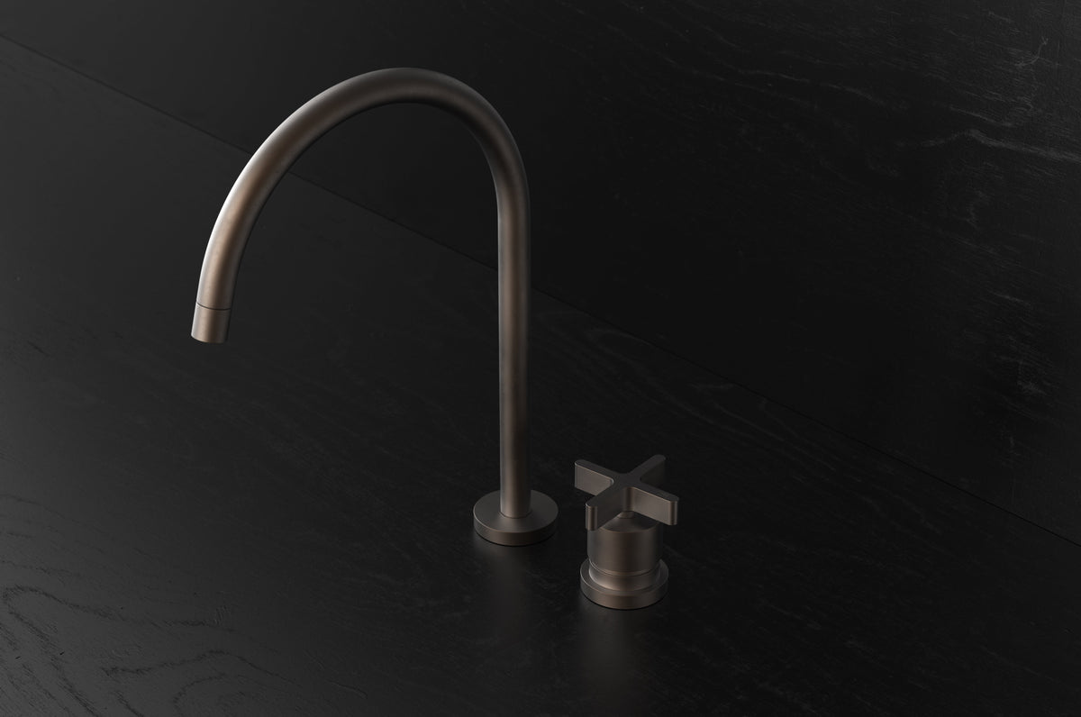 Studio Ore Chapter Three Two Hole Deck Mounted Swivel Kitchen Mixer with Cross handle in bronze
