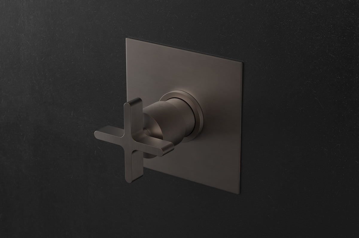 Studio Ore Chapter Three Shower Thermostat Control with Two Outlets with Cross Handle in bronze, square backplate