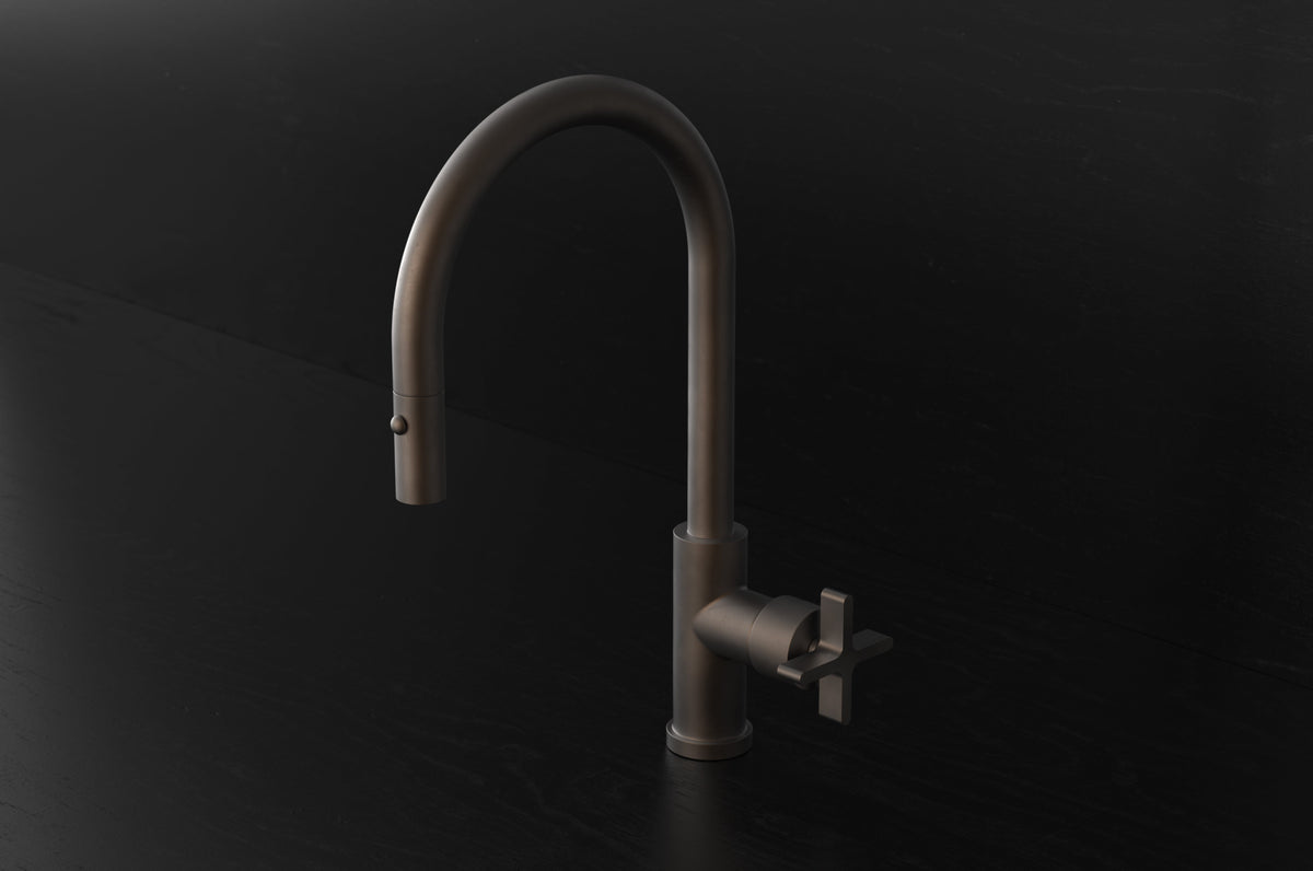 Studio Ore Chapter Three Deck Mounted Kitchen Mixer with Pull Out Hand Shower with Cross handle in bronze