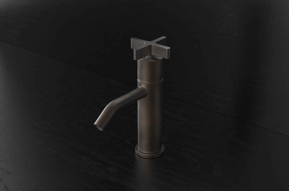 Studio Ore Chapter Three Basin Pillar Tap with Cross handle in bronze, small