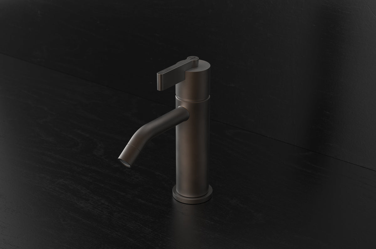 Studio Ore Chapter Three Basin Pillar Tap with Teardrop Lever handle in bronze, small