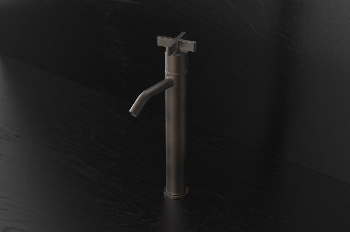 Studio Ore Chapter Three Deck Mounted Tall Basin Pillar Tap with Cross handle in bronze
