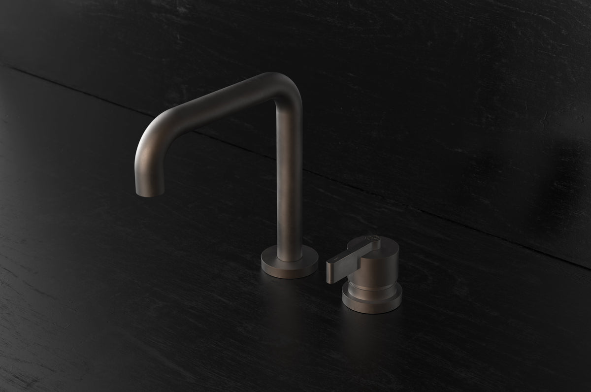 Studio Ore Chapter Three Deck Mounted Basin Two Hole Mixer with Teardrop Lever handle in bronze