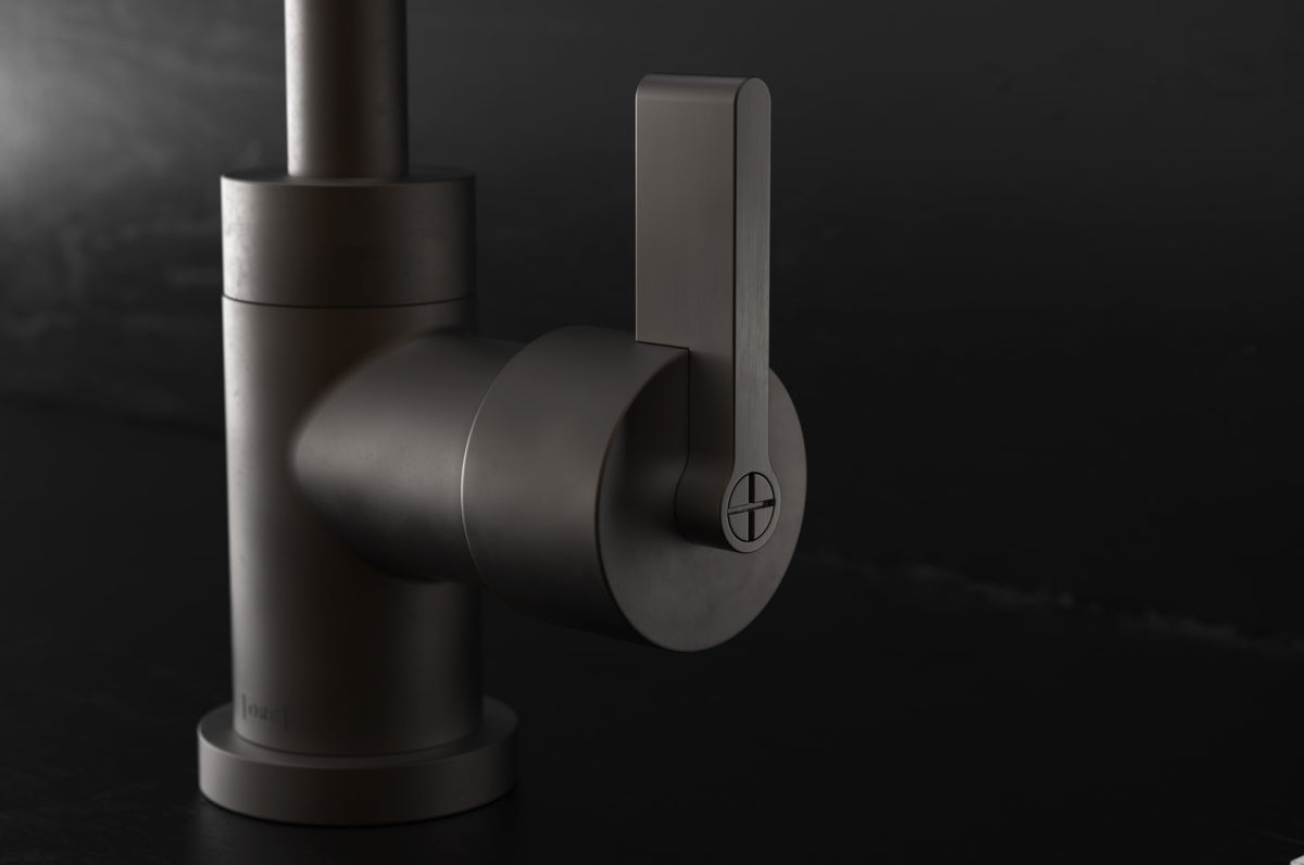 Studio Ore Chapter Three Deck Mounted Basin Mono Mixer with Teardrop Lever handle in bronze, detail view