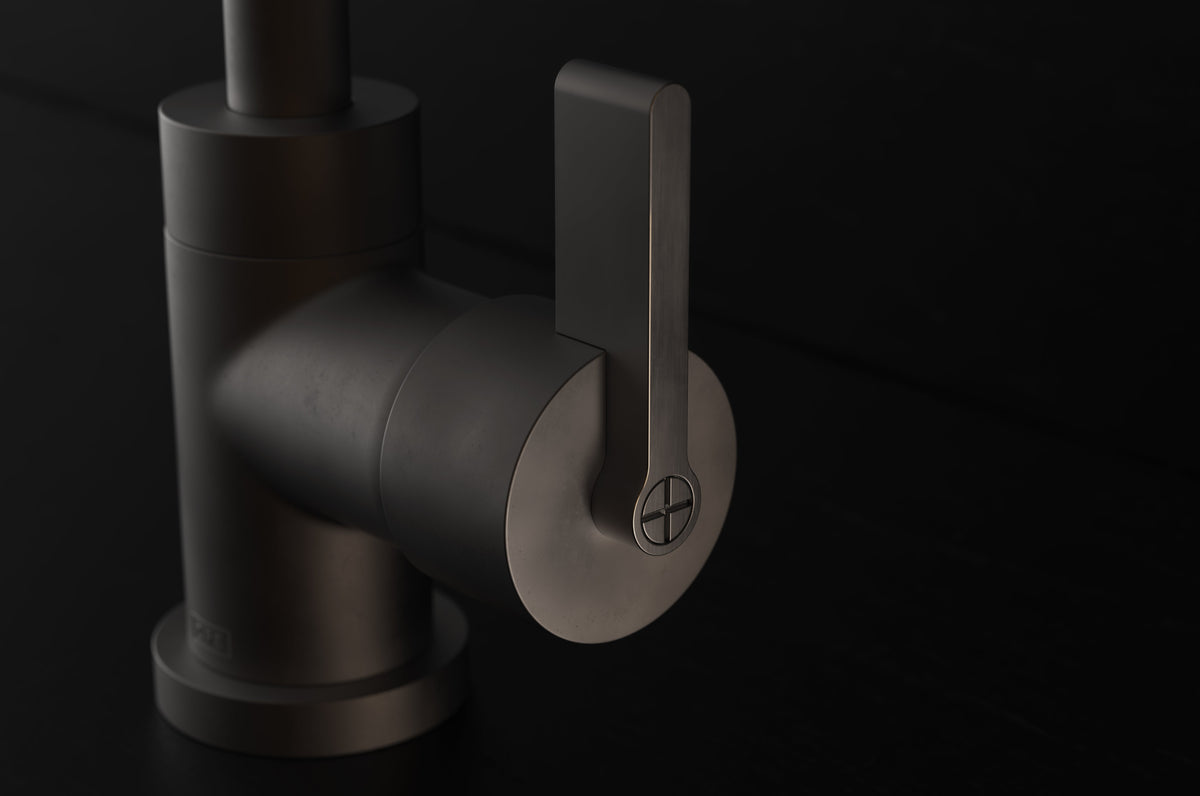 Studio Ore Chapter Three Deck Mounted Kitchen Mono Mixer with Teardrop Lever handle in bronze, detail view