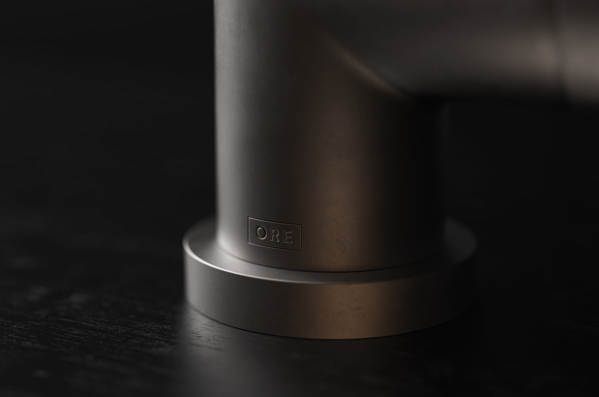 Studio Ore Chapter Three Deck Mounted Kitchen Mono Mixer with Teardrop Lever handle in bronze, detail view