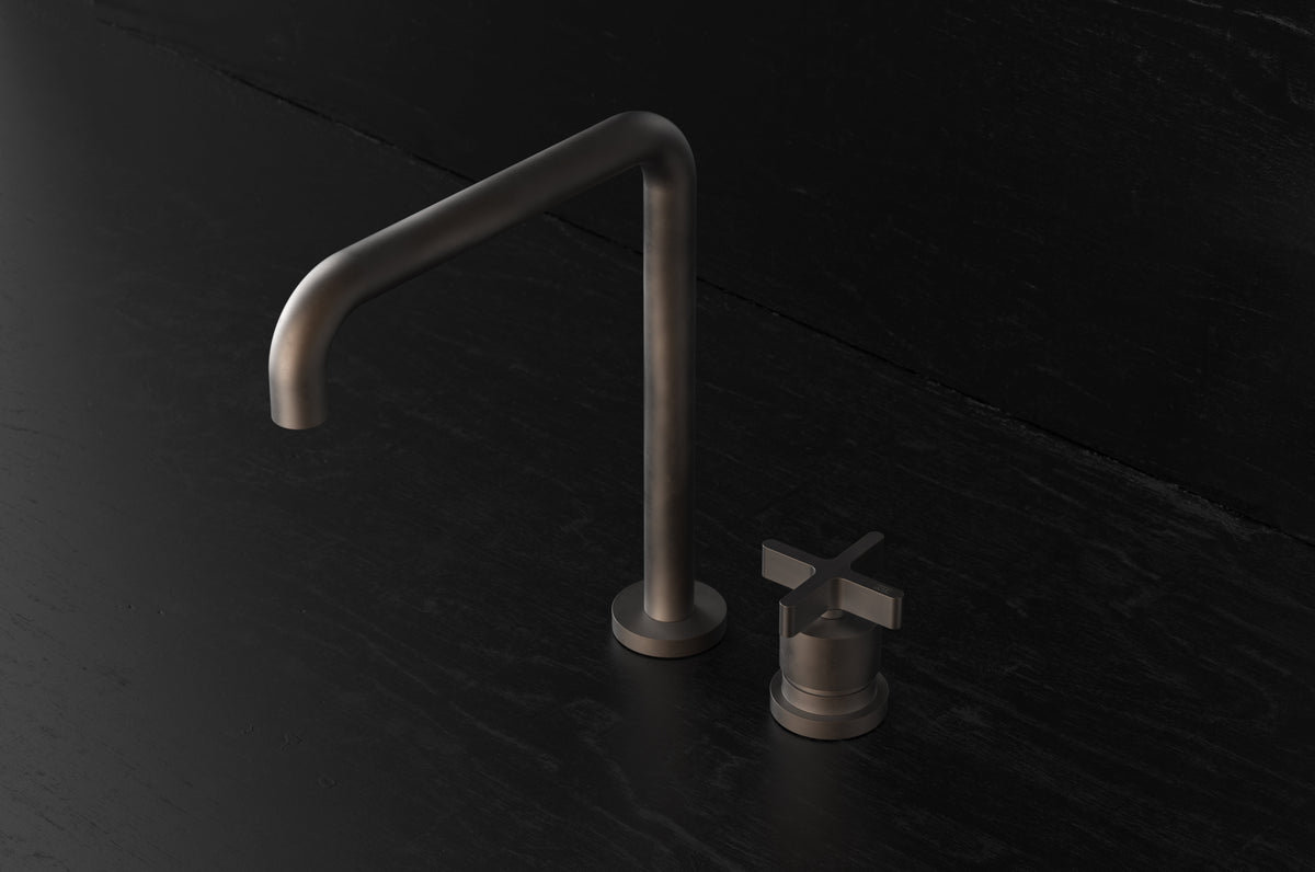 Studio Ore Chapter Three Two Hole Deck Mounted Swivel Kitchen Mixer with Double Curve Spout with Cross handle in bronze