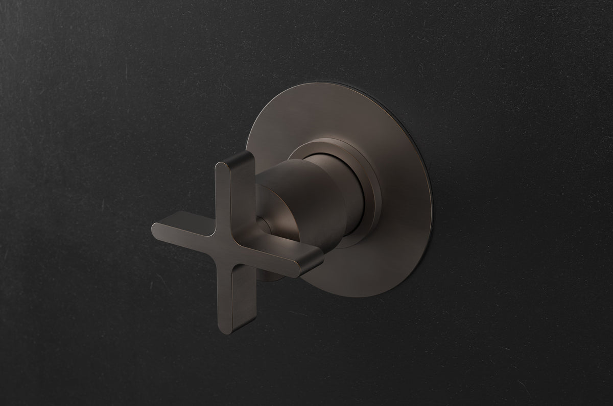 Studio Ore Chapter Three Wall Mounted Three Way Diverter with Stop and Cross Handle in bronze, circular backplate 100mm