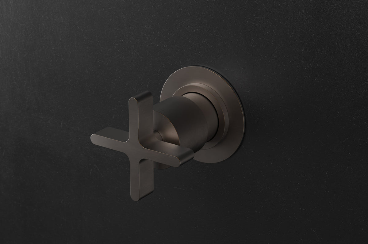Studio Ore Chapter Three Wall Mounted Three Way Diverter with Cross Handle in bronze, circular backplate 75mm