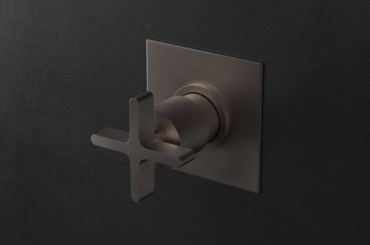 Studio Ore Chapter Three Wall Mounted Three Way Diverter with Stop and Cross Handle in bronze, square backplate 100mm