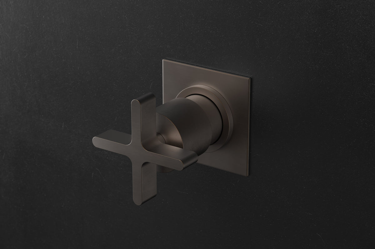 Studio Ore Chapter Three Wall Mounted Three Way Diverter with Stop and Cross Handle in bronze, square backplate 75mm