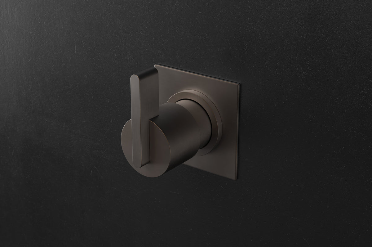 Studio Ore Chapter Three Wall Mounted Two Way Diverter with Stop and Lever Handle in bronze, square backplate 75mm
