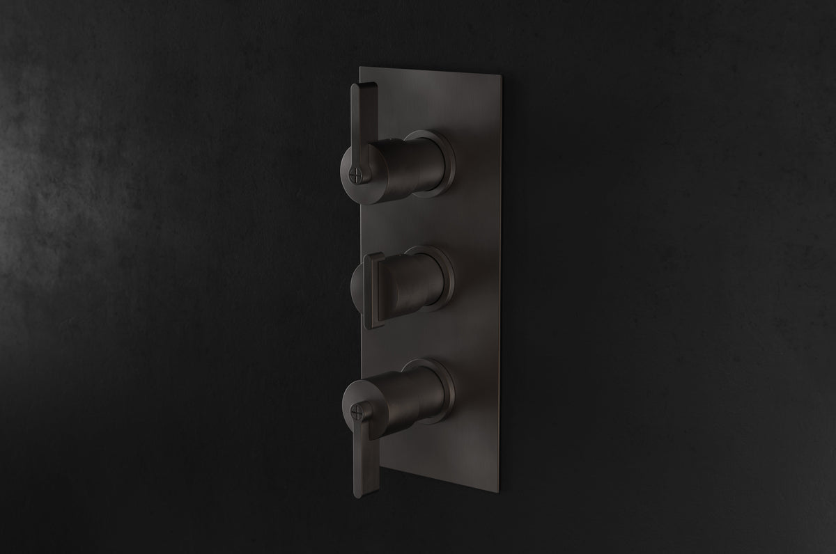 Studio Ore Chapter Three Triple Shower Thermostat with Two Way Diverter with Teardrop Lever Handle in bronze