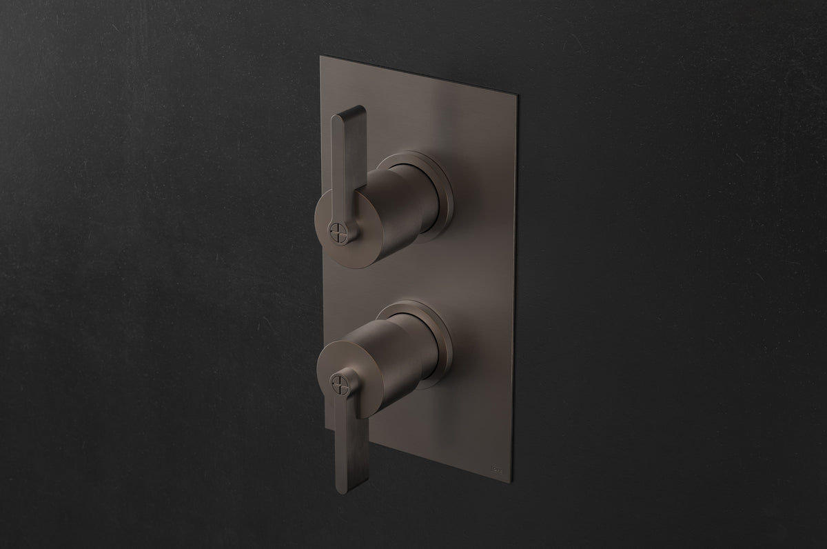 Studio Ore Chapter Three Dual Shower Thermostat with Volume Control with Teardrop Lever Handle in bronze
