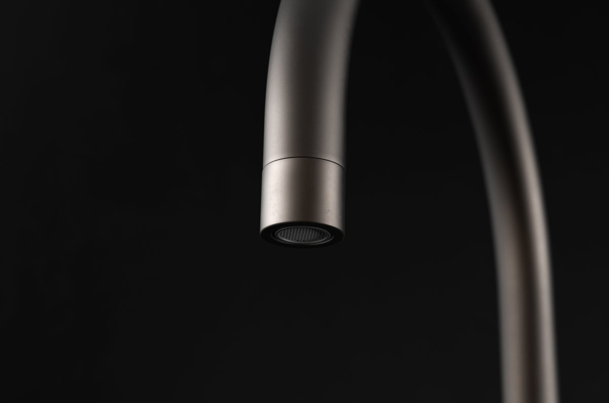 Studio Ore Chapter Three Floor Mounted Bath Mixer with Teardrop Lever handle in bronze, detail view