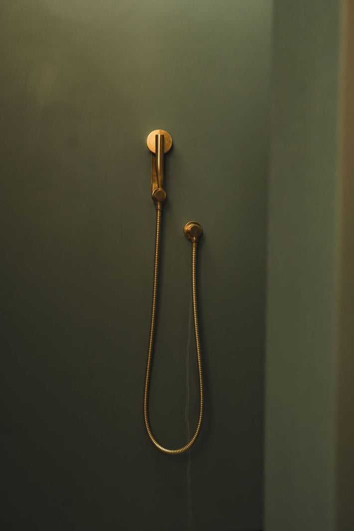 Studio Ore Brass hand held shower mounted on to a green wall